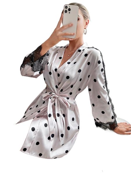 

polka dot lace panel robe 90bp#, Black;red
