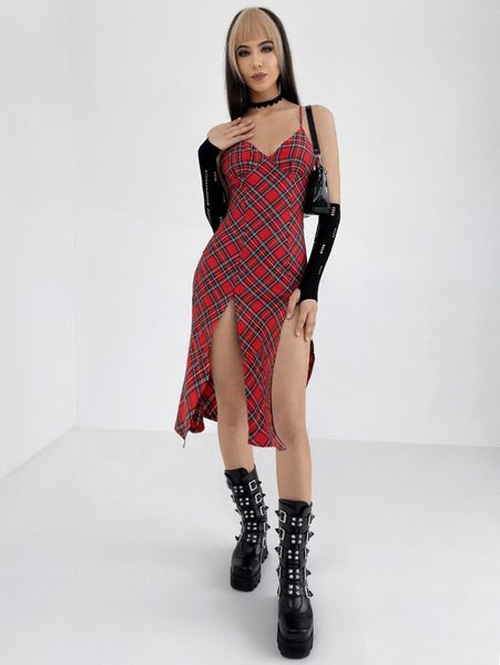 

slit hem tartan cami dress v58d#, Black;gray