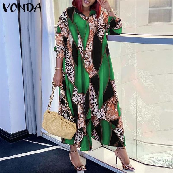 Vestido estampado bohemiano Vonda Mulheres Manga Longa Vintage Sexy V Neck Party Maxi Dresses Beach Holiday Vestido Robe Femme 220613