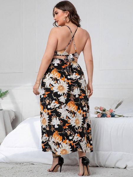 

plus floral print crisscross tie back split thigh cami dress l7oo#, Black
