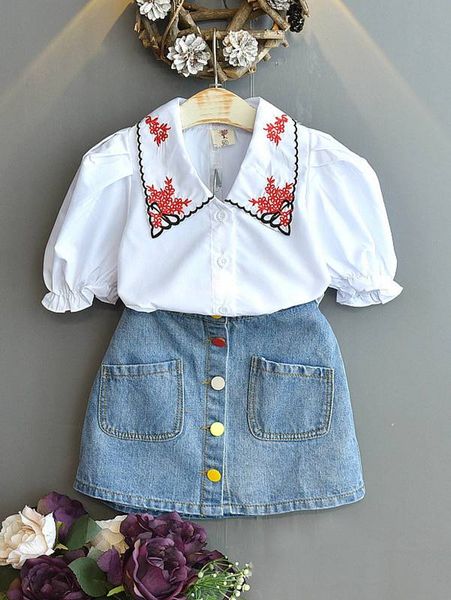 

toddler girls embroidery collar puff sleeve blouse with denim skirt she, White