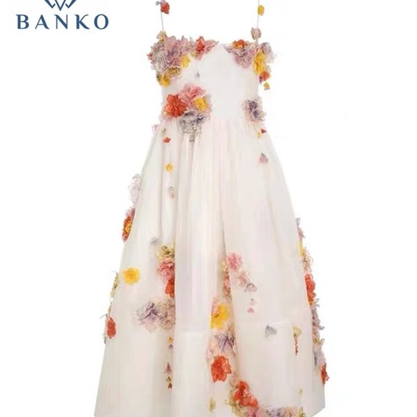 

flower fluffy white spaghetti strap long dress women bodycon korean fashion romantic midi party sundress elegant summer 220425, White;black