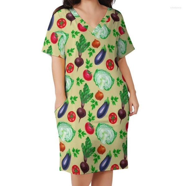 Plus Size Kleider Vegetarisches Kleid Kurzarm Weltgesundheitstag Vintage Streetwear Grafik Lässig mit Taschen 3XL 4XLPlus Edad22