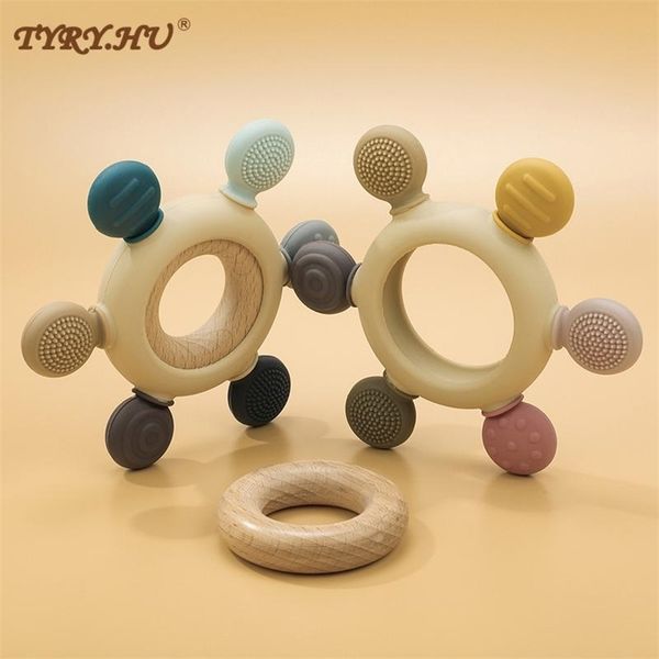 

1pc silicone teether baby rudder shape wooden teether ring kid gift food grade silicone childrens goods kid teething toys 220602