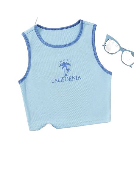 

letter & palm tree print contrast binding tank s6e9#, White