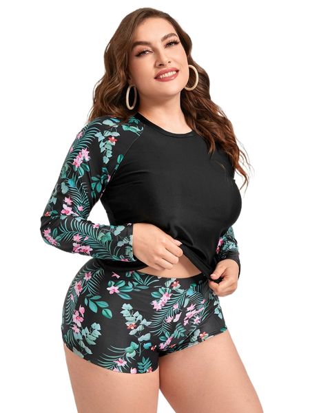 

plus plant print high neck shorts bikini swimsuit f6df#, White;black