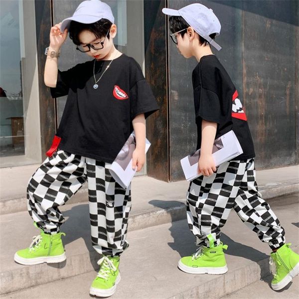 Kleidung Sets Jungen Sommerkleid Koreanische Version Anzug 2022 Große kinder Gedruckt Kurzarm Plaid Hosen Mode Sport Zwei-stück TideC