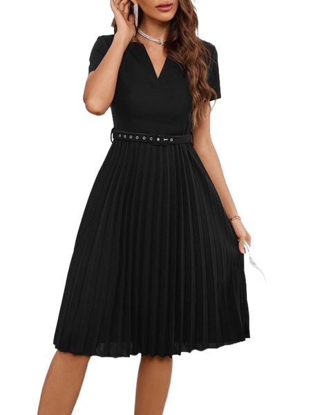 

notched neck pleated hem belted dress 694f#, Black;gray