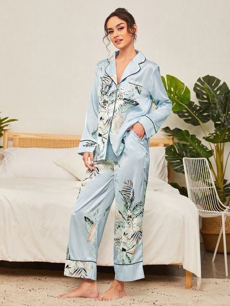 

plants print contrast binding & pants pj set b0ef#, Black;red