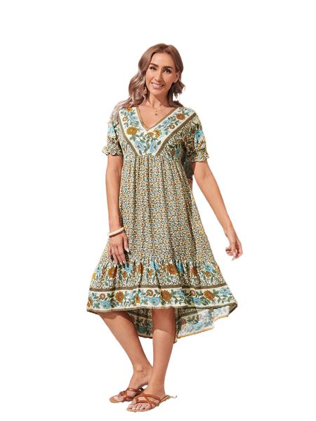 

emery rose floral print puff sleeve ruffle high low hem dress e2t7#, Black;gray