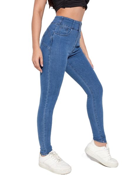

high waisted zip fly skinny jeans 6233#, Blue