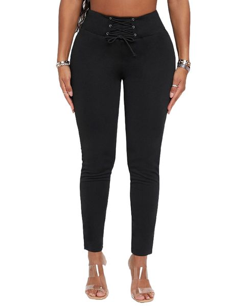 

sxy grommet lace up skinny pants t3bi#, Black;white