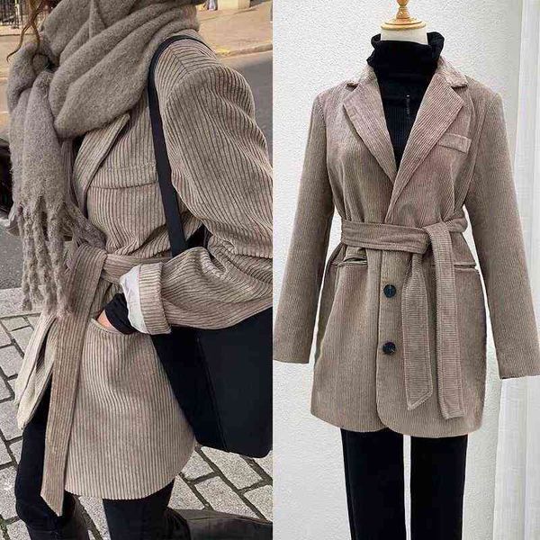 

new elegant women casual corduroy blazer suit with belt sashes jacket autumn spring long sleeve notched collar coat l220714, White;black