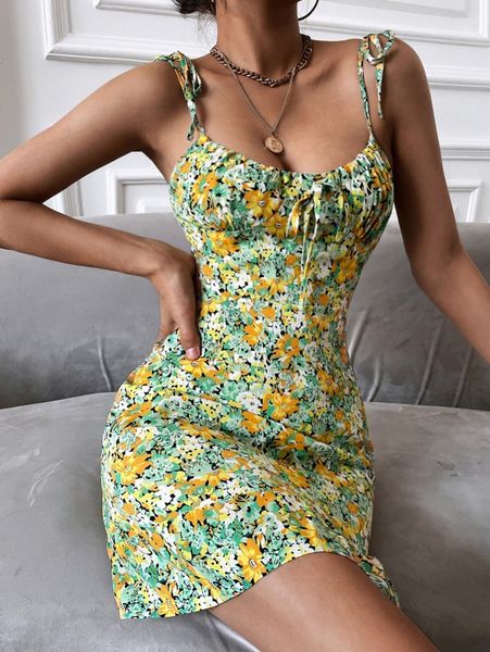 

allover floral knot shoulder backless cami dress r75n#, Black;gray