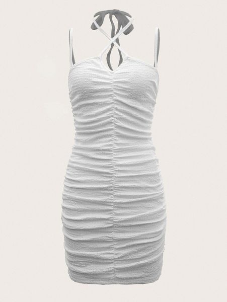 

crisscross tie back ruched side dress s3rg#, Black;gray