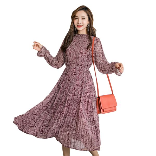 

summer dress elegant o-neck floral print women full sleeve elastic slim waist chiffon a-line long vestido, Black;gray