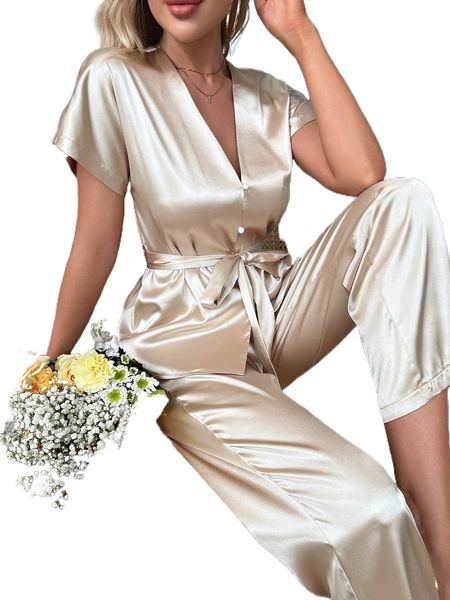 

batwing sleeve belted satin pj set 77vv#, Black;red
