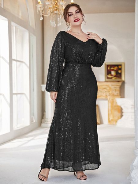 

plus bishop sleeve high waist sequins dress v1em#, Black