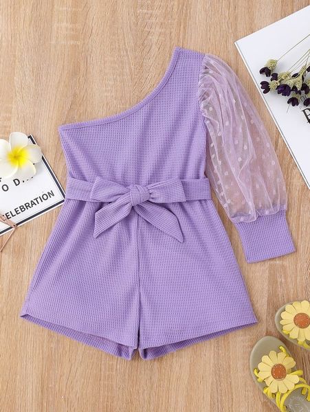 

toddler girls one shoulder dobby mesh insert belted romper she, Blue