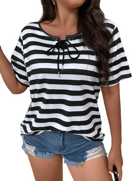 

plus striped lace up front tee 07k1#, Black
