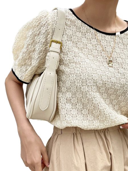 

dazy-less textured contrast binding puff sleeve blouse u0yr#, White