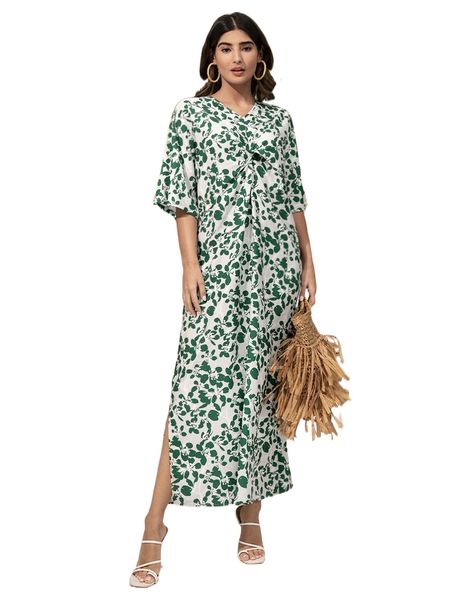 

modely allover floral print twist front dolman sleeve tunic dress e1rt#, Black;gray