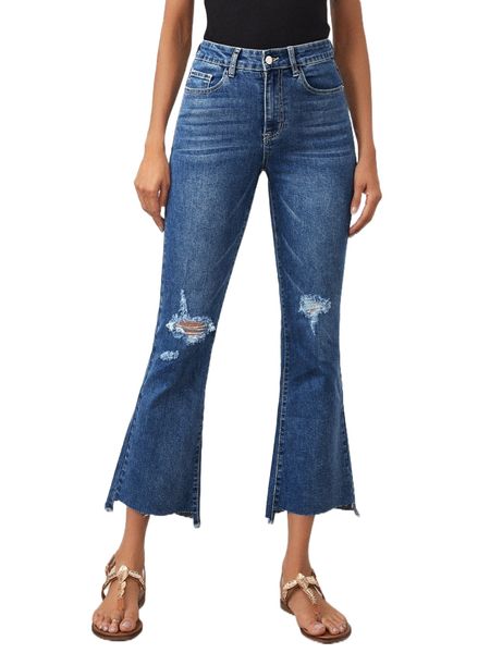 

raw hem ripped flare leg jeans t5r9#, Blue