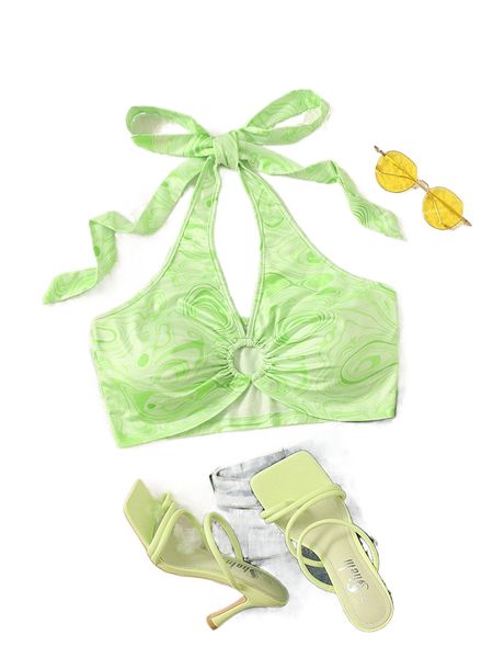 

marble print tie back crop halter 495j#, White