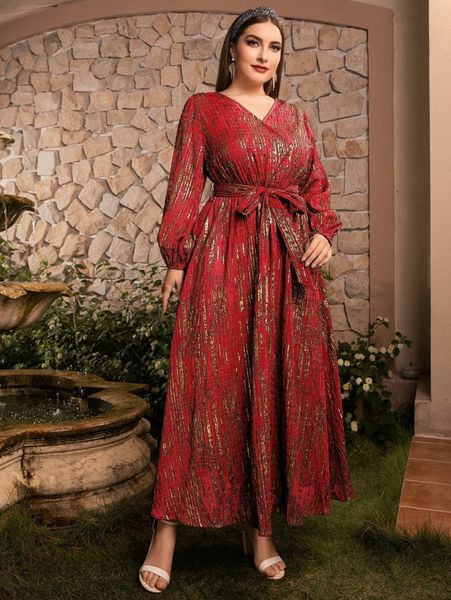 

plus gold striped print lantern sleeve belted dress i7ho#, Black