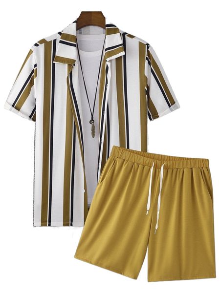 

men block striped shirt & drawstring waist shorts without tee g11u#, Gray
