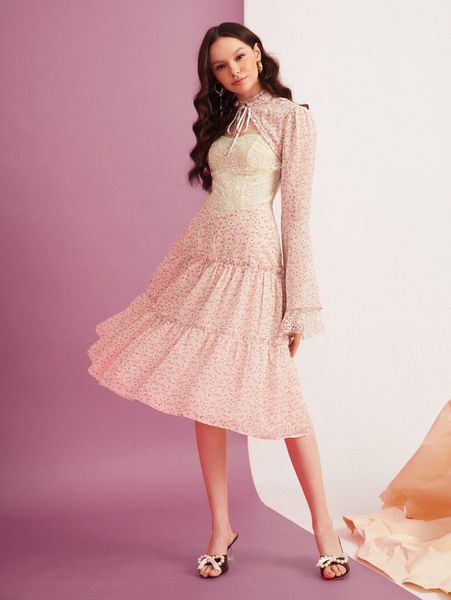 

x simone rogers tie neck colorblock ditsy floral print ruffle hem dress u2gw#, Black;gray