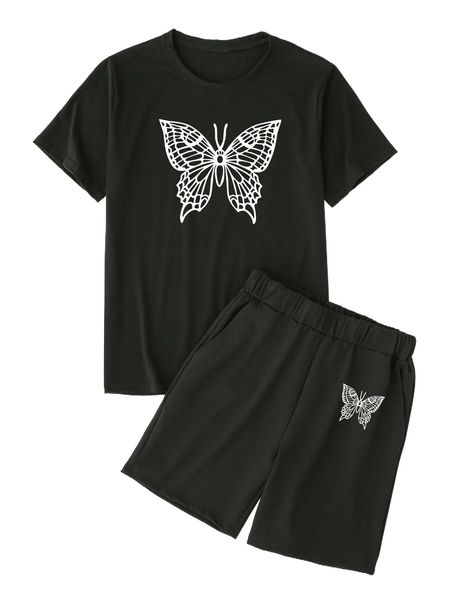 

men butterfly print tee & shorts h5f1#, Gray