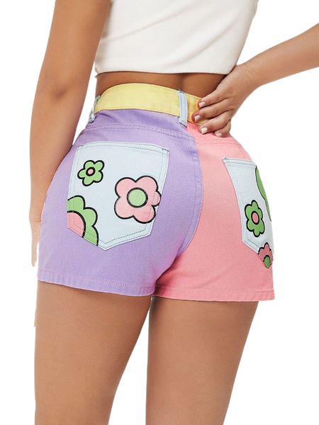 

petite floral print colorblock denim shorts h4ta#, White;black