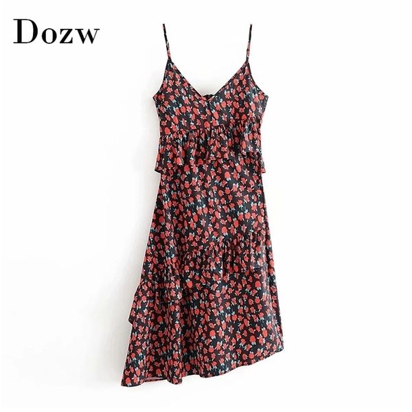 

deep v neck print beach dress summer spaghetti strap midi women backless ruffles party es vestidos mujer 210515, Black;gray