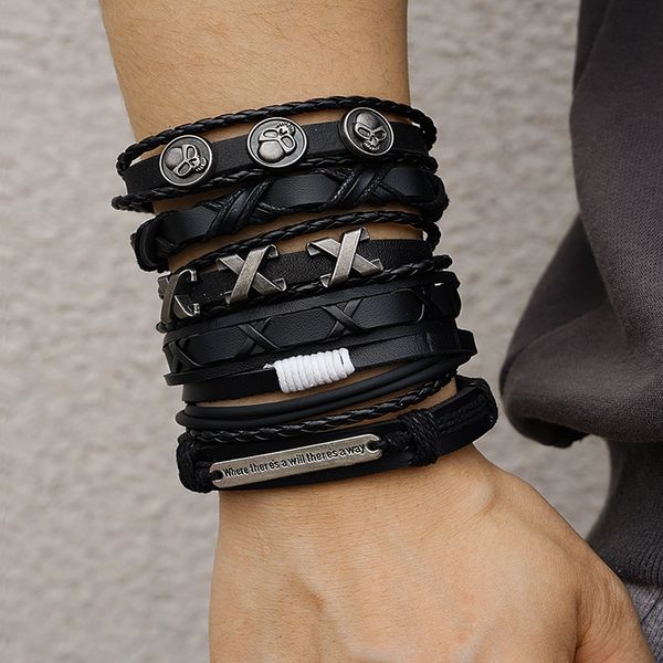 Vintage Mode Gothic Punk Schädel Metall Multilayer Leder Armband Männer Armbänder Armreifen Männlichen Arm Schmuck Großhandel