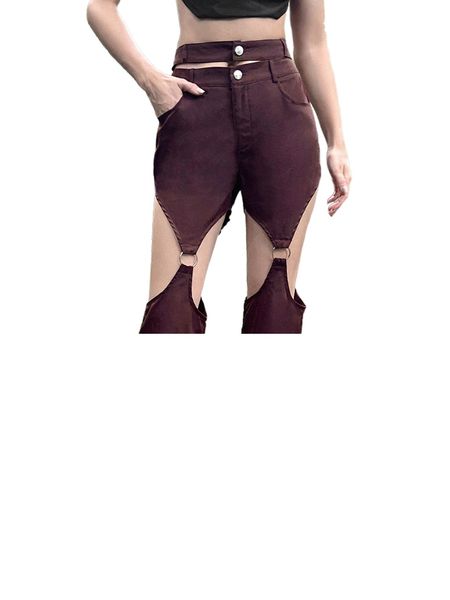 

high waist cut out o-ring detail pants z7o7#, Black;white