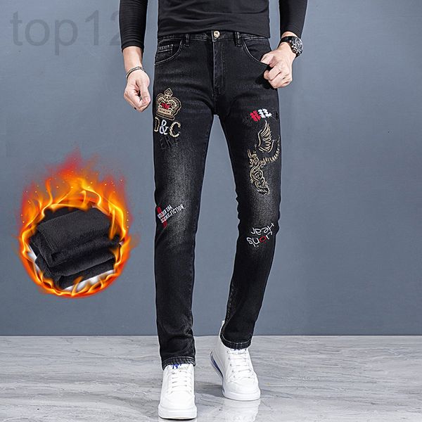 

men's jeans designer chao brand embroidered jeans men's plush warm elastic korean casual pants l9y5, Blue