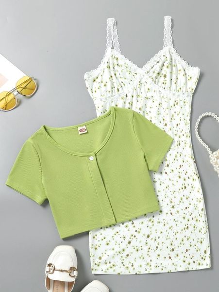 

girls ditsy floral lace trim cami dress & single button she, White