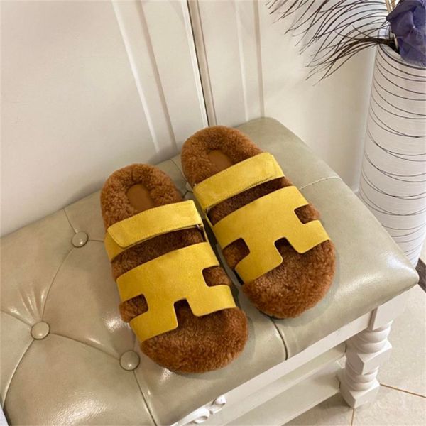 

designers wool slippers fashion leather sandals hollow upper velcro sandal winter soft fur furry slides comfortable fuzzy slipper, Black