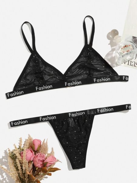 

plus letter tape lingerie set 32xu#, Black;white