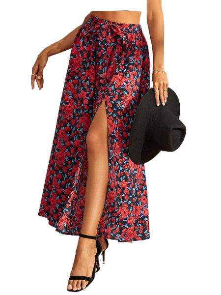 

allover floral print knot front split thigh skirt k75a#, Black