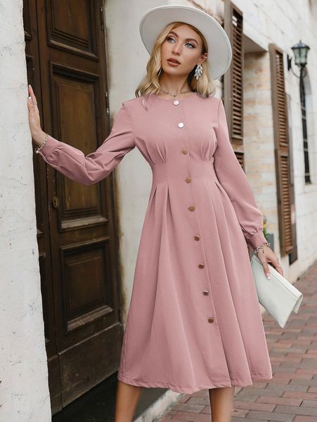 

simplee button through fold pleated detail dress without belt y3wu#, Black;gray