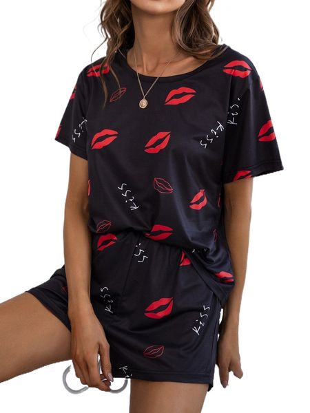 

letter & lip print pj set with eye cover 44ib#, Black;red