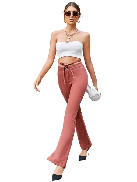 

tie front slit hem jeans h2ef#, Blue