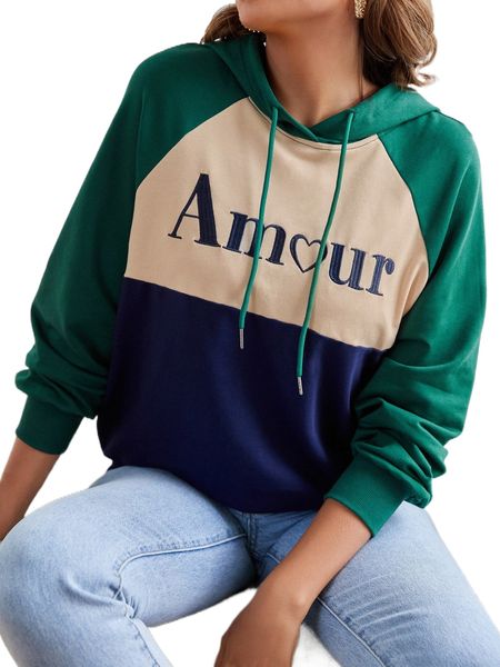 

letter embroidery raglan sleeve colorblock hoodie i4fn#, Black