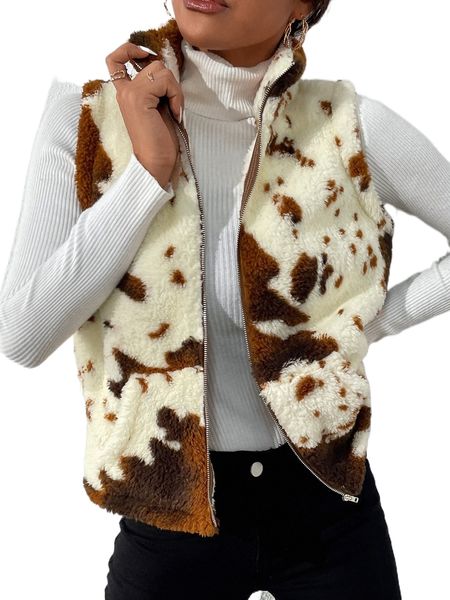 

cow print teddy vest jacket p9eq#, Black;brown