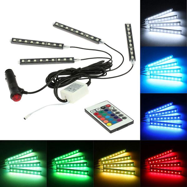 Fari per auto 7 colori RGB telecomando senza fili 4 in 1 interni 4 bar atmosfera luce da pavimento Dash LED decorazione lampada Kit 12V