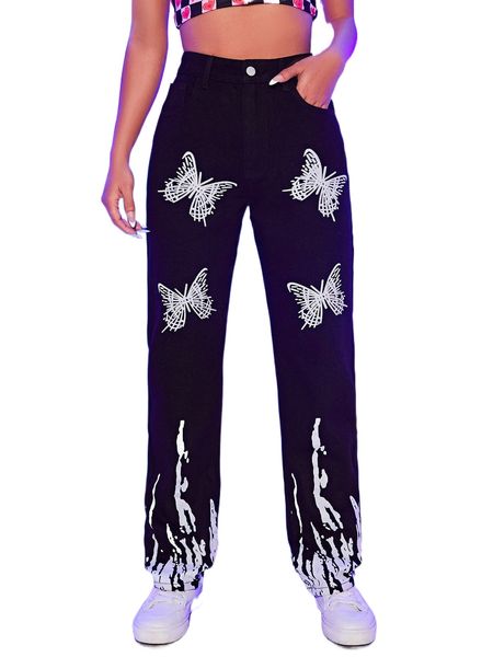

butterfly print high waisted straight leg pants x55w#, Black;white