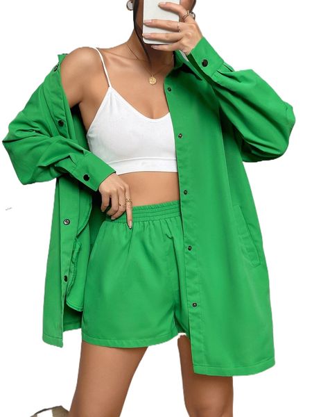 

solid snap button drop shoulder shirt & shorts t0cx#, White