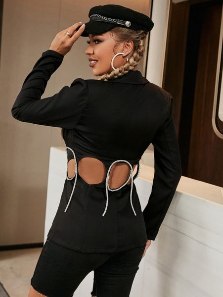 

glamaker lapel neck cut out back rhinestone blazer v4o4#, White